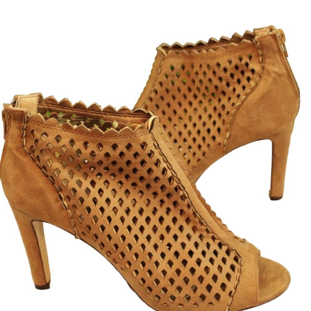 Pierre Dumas Lattice Suede Tan Ankle Heel with Peep Toe 8.5 Women’s